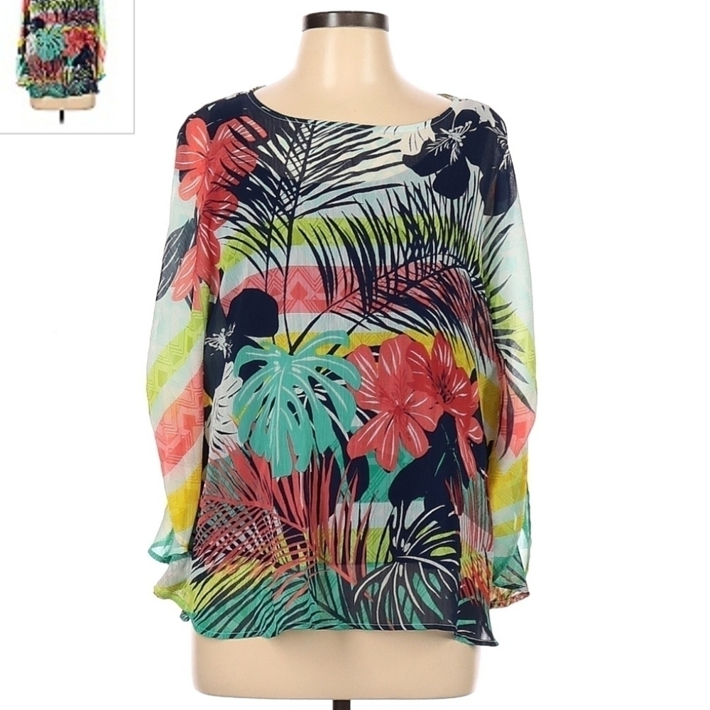 Ruby Road Pull Over Bright Tropical Floral Print Top Blouse Women's Large L EUC